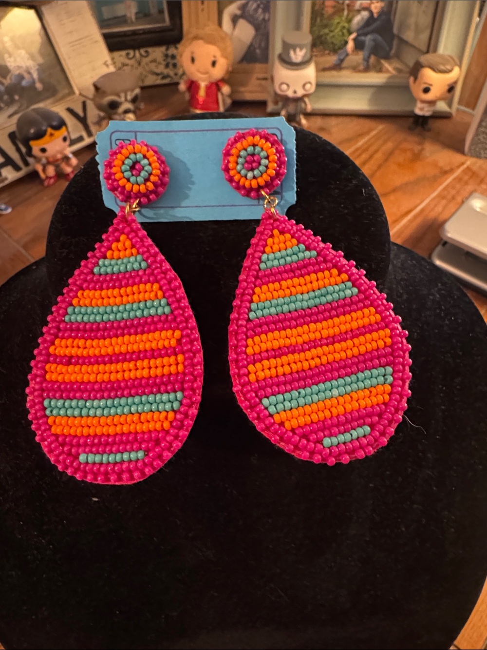 NWT Seed Bead Hot Pink Striped Teardrop Earrings